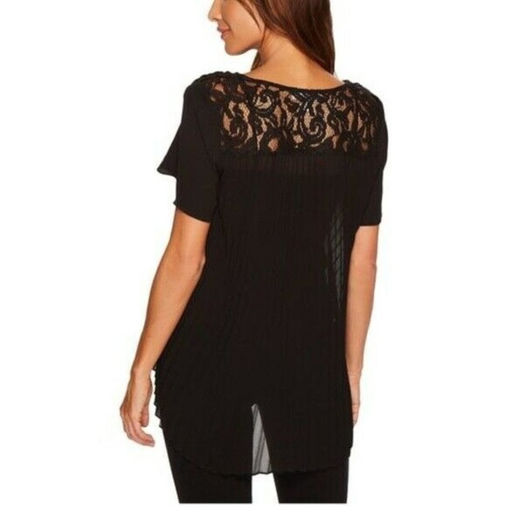 Michael Kors Navy Blue Crepe and Lace Pleated Back Short Sleeve Top Size Medium